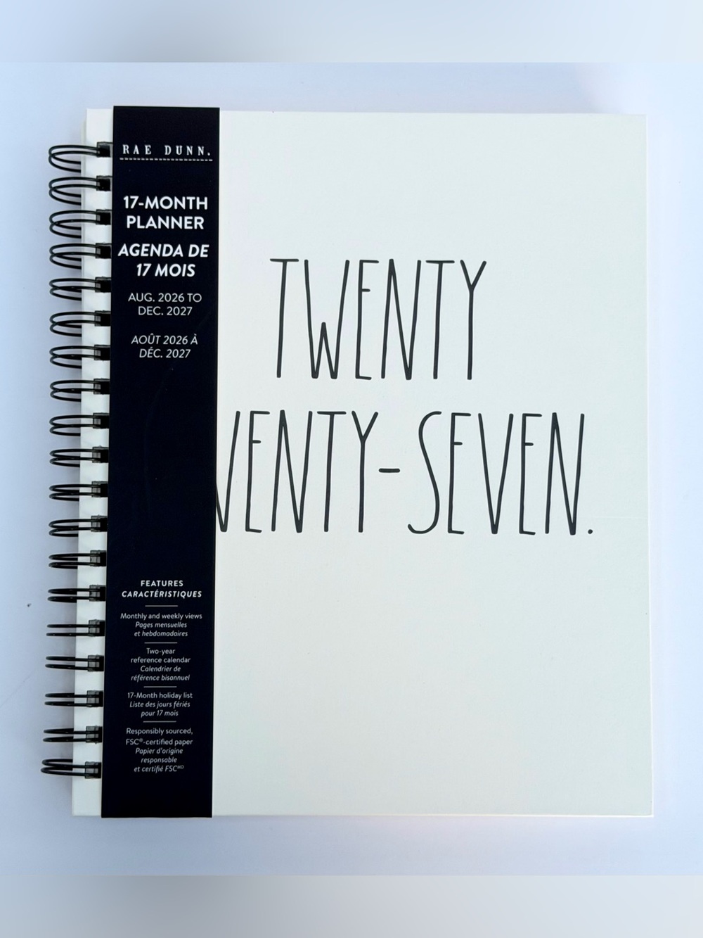 Rae Dunn 2027 Hard Cover Planner 17-month TWENTY TWENTY-SEVEN (Black/Ivory)